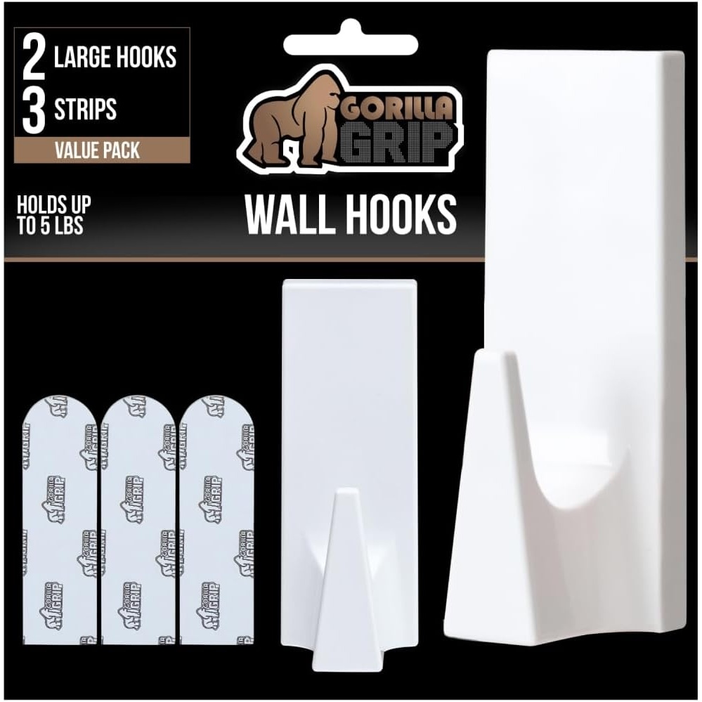 image:imageGORILLA GRIP Heavy Duty Reusable Wall Hooks for Hanging Strong Easy Install Stick on Removable Adhesive Hook No Nail Damage Multisurface Use for Christmas Decorations 5 Pack and 7 Strips PlasticWhite