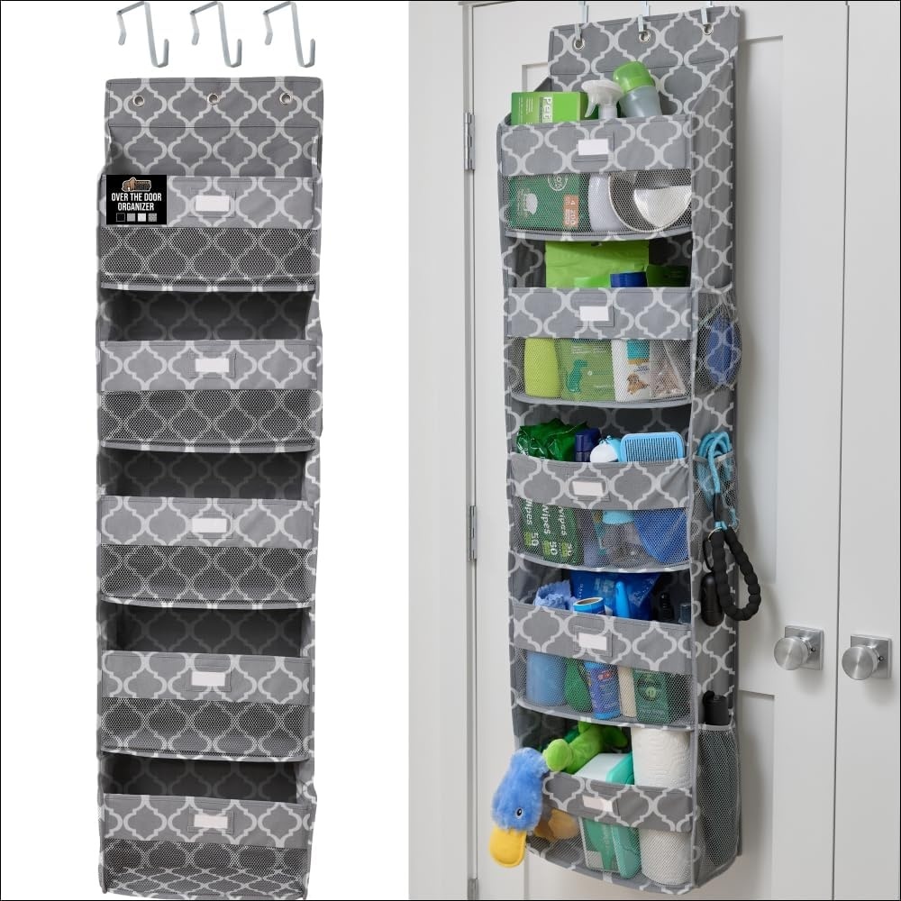image:imageGORILLA GRIP Over the Door Shoe Organizer 24 Large Breathable Mesh Pockets Space Saving Hanging Storage Holder Closet Rack Hanger Holds Up to 40 lbs Hangs on Closets for Shoes Accessories BlackGray Quatrefoil