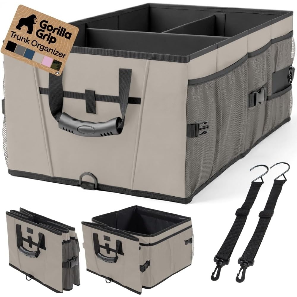 image:imageGORILLA GRIP Trunk Organizer for SUV and Cars Large Capacity Collapsible Car Trunk Storage Organizer Heavy Duty Car Accessories Gifts for Mom and Dad Slip amp Water Resistant Multi Compartment BlackBeige