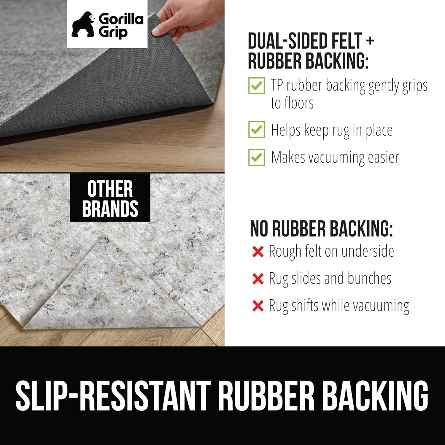 image:imageGORILLA GRIP Felt with Rubber Stay in Place Slip Resistant Rug Pad 18 inch Thick 2x8 FT Protective Padding Under Area Rugs Cushioned Gripper Pads Carpet Runners Hardwood Floors Protection2 x 10 Rectangular