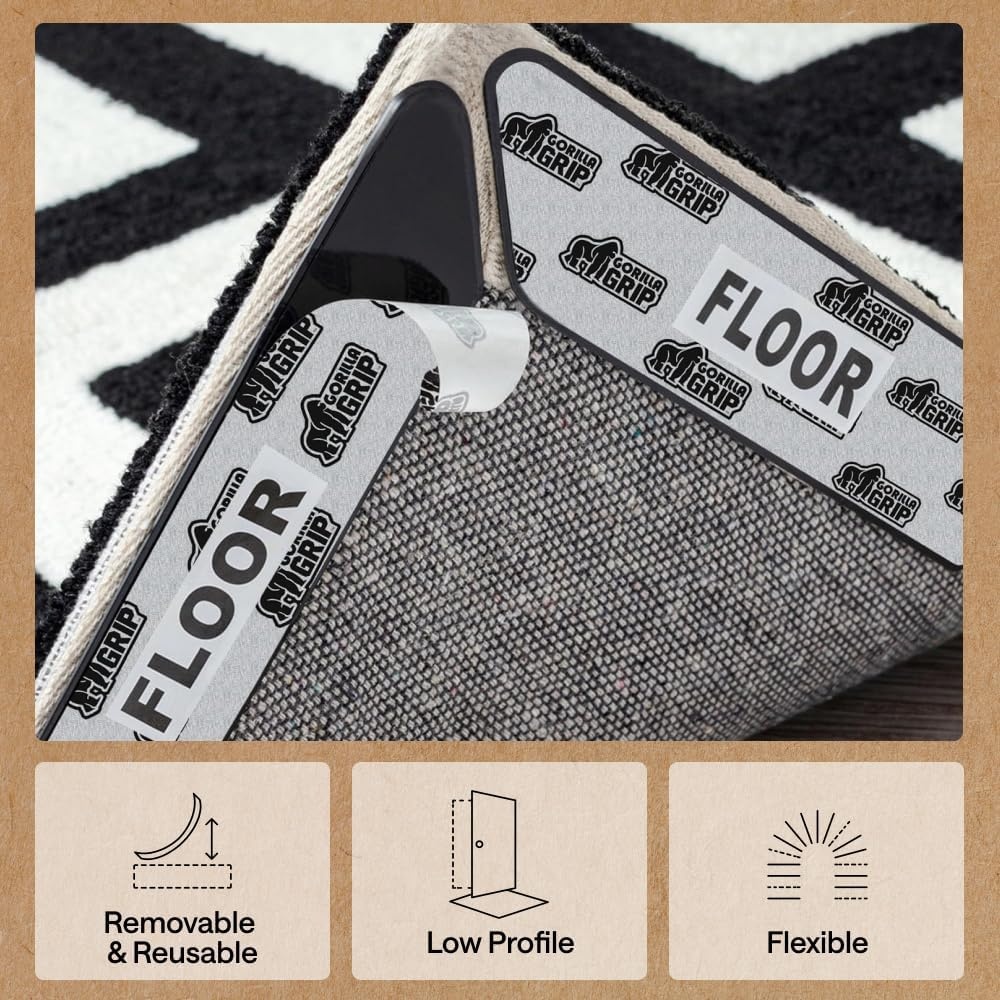 image:imageGORILLA GRIP Rug Gripper Pads Extra Long Reusable DoubleSided Adhesives Keep Area Rugs Corners Flat Grips Hardwood Tile and Laminate Floors Renter Friendly Holds Down Carpet in Place 8 PcsRectangular