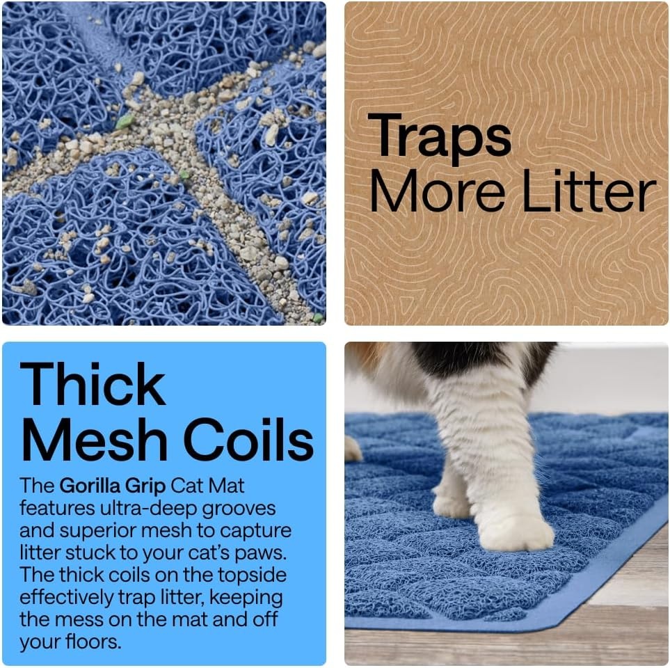image:imageGORILLA GRIP Cat Litter Box Mat Cushioned Coil Mesh Litter Trapping Mats Scatter Control Supplies for Less Mess Phthalate Free Ultra Deep Catch Grooves Rinse or Vacuum to Clean 24x17 GrayNavy