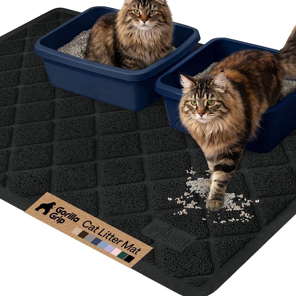 image:imageGORILLA GRIP Cat Litter Box Mat Cushioned Coil Mesh Litter Trapping Mats Scatter Control Supplies for Less Mess Phthalate Free Ultra Deep Catch Grooves Rinse or Vacuum to Clean 24x17 GrayBlack