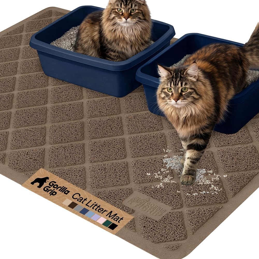 image:imageGORILLA GRIP Cat Litter Box Mat Cushioned Coil Mesh Litter Trapping Mats Scatter Control Supplies for Less Mess Phthalate Free Ultra Deep Catch Grooves Rinse or Vacuum to Clean 24x17 GrayBrown