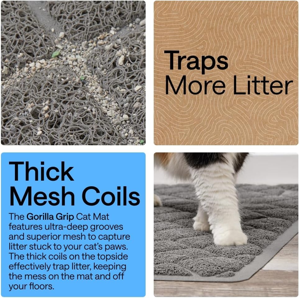 image:imageGORILLA GRIP Cat Litter Box Mat Cushioned Coil Mesh Litter Trapping Mats Scatter Control Supplies for Less Mess Phthalate Free Ultra Deep Catch Grooves Rinse or Vacuum to Clean 24x17 GrayGrey