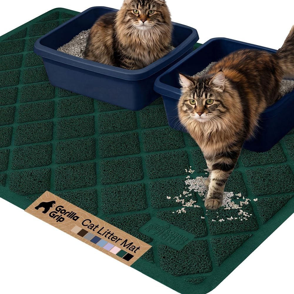 image:imageGORILLA GRIP Cat Litter Box Mat Cushioned Coil Mesh Litter Trapping Mats Scatter Control Supplies for Less Mess Phthalate Free Ultra Deep Catch Grooves Rinse or Vacuum to Clean 24x17 GrayHunter Green
