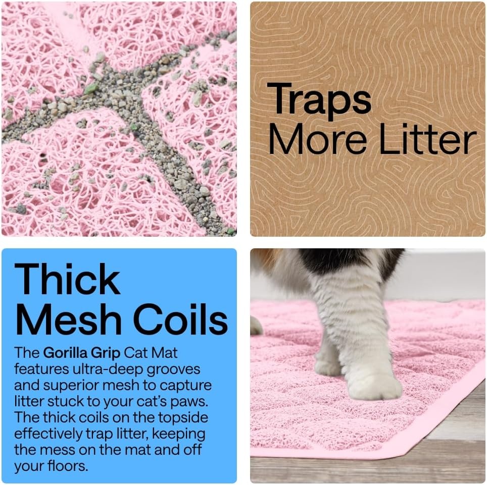 image:imageGORILLA GRIP Cat Litter Box Mat Cushioned Coil Mesh Litter Trapping Mats Scatter Control Supplies for Less Mess Phthalate Free Ultra Deep Catch Grooves Rinse or Vacuum to Clean 24x17 GrayLight Pink