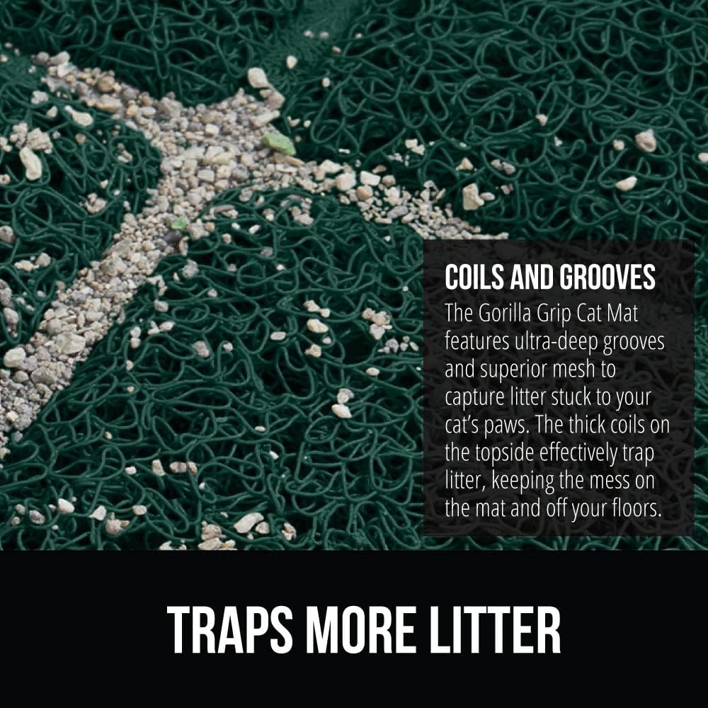 image:imageGORILLA GRIP Cat Litter Box Mat Cushioned Coil Mesh Litter Trapping Mats Scatter Control Supplies for Less Mess Phthalate Free Ultra Deep Catch Grooves Rinse or Vacuum to Clean 24x17 GrayHunter Green