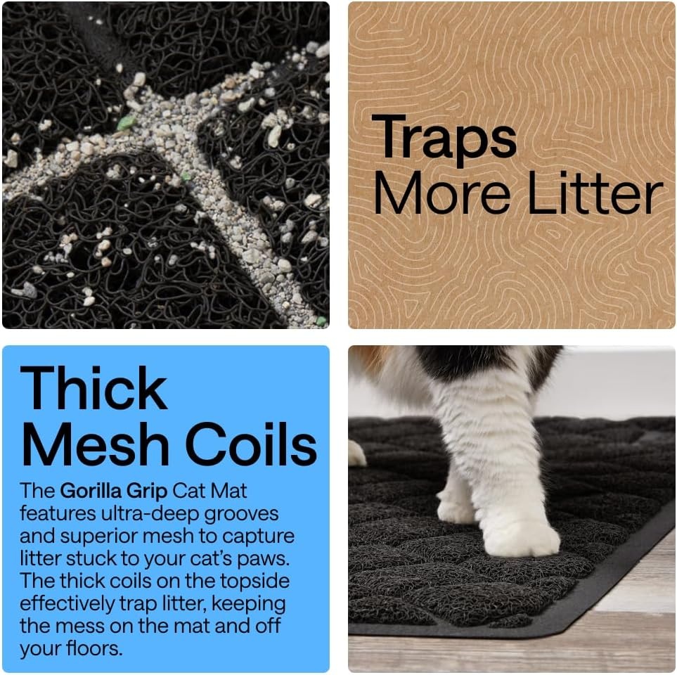 image:imageGORILLA GRIP Cat Litter Box Mat Cushioned Coil Mesh Litter Trapping Mats Scatter Control Supplies for Less Mess Phthalate Free Ultra Deep Catch Grooves Rinse or Vacuum to Clean 24x17 GrayBlack