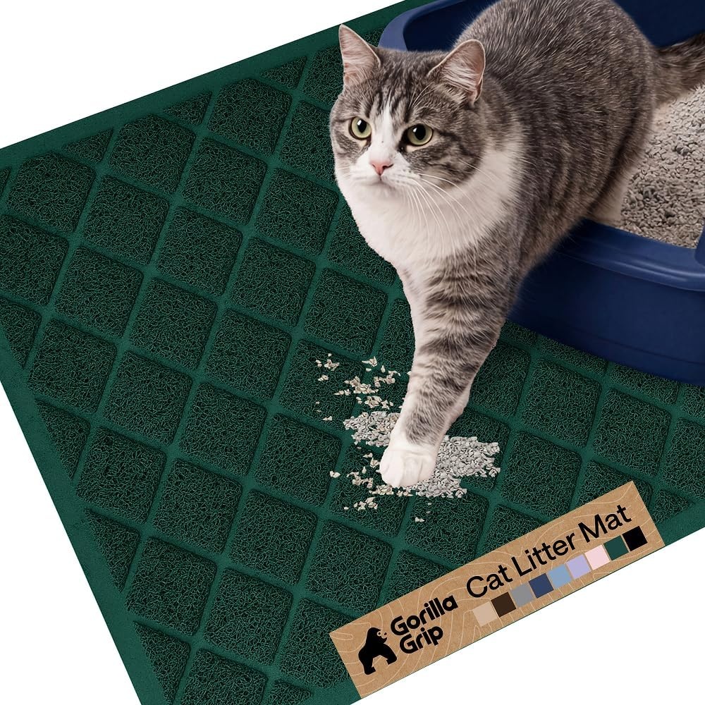image:imageGORILLA GRIP Cat Litter Box Mat Cushioned Coil Mesh Litter Trapping Mats Scatter Control Supplies for Less Mess Phthalate Free Ultra Deep Catch Grooves Rinse or Vacuum to Clean 24x17 GrayHunter Green