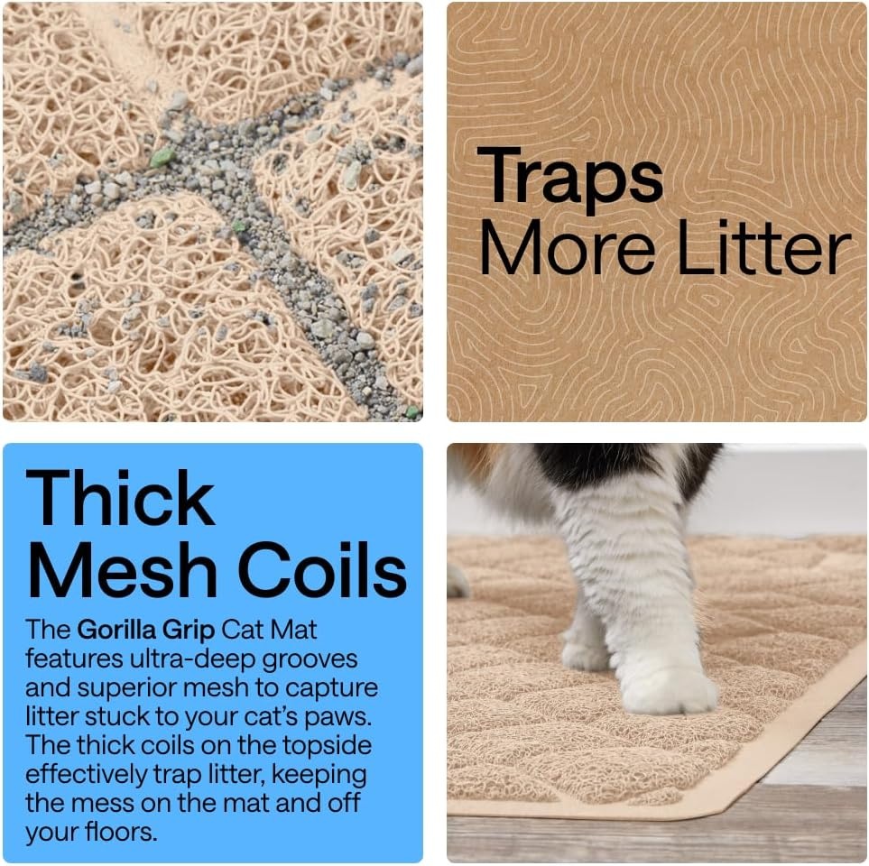 image:imageGORILLA GRIP Cat Litter Box Mat Cushioned Coil Mesh Litter Trapping Mats Scatter Control Supplies for Less Mess Phthalate Free Ultra Deep Catch Grooves Rinse or Vacuum to Clean 24x17 GrayBeige