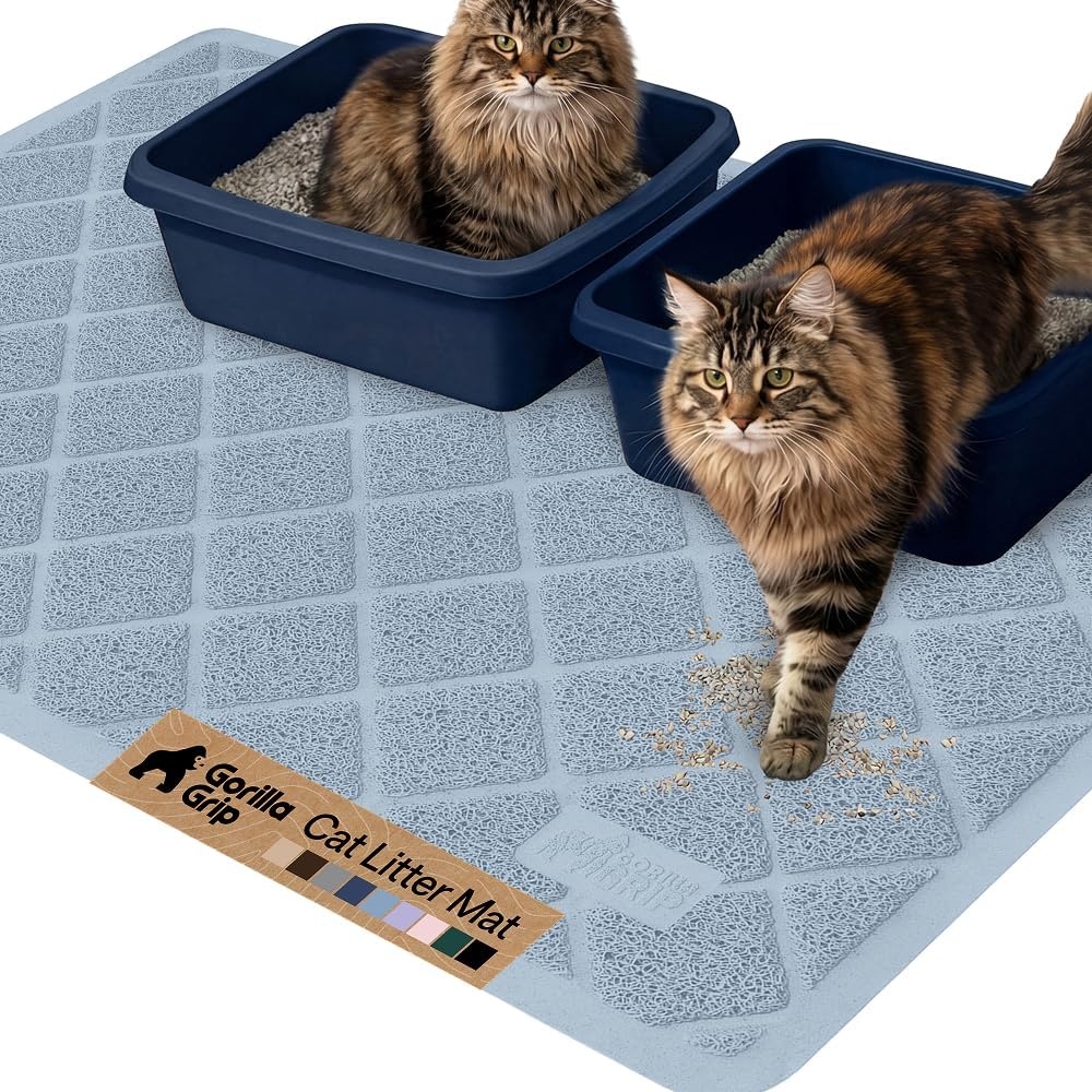 image:imageGORILLA GRIP Cat Litter Box Mat Cushioned Coil Mesh Litter Trapping Mats Scatter Control Supplies for Less Mess Phthalate Free Ultra Deep Catch Grooves Rinse or Vacuum to Clean 24x17 GrayLight Blue