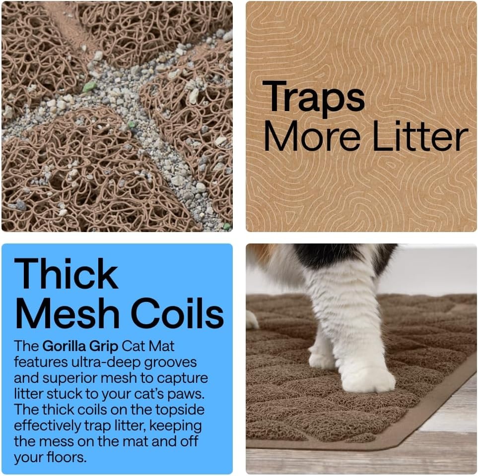 image:imageGORILLA GRIP Cat Litter Box Mat Cushioned Coil Mesh Litter Trapping Mats Scatter Control Supplies for Less Mess Phthalate Free Ultra Deep Catch Grooves Rinse or Vacuum to Clean 24x17 GrayBrown