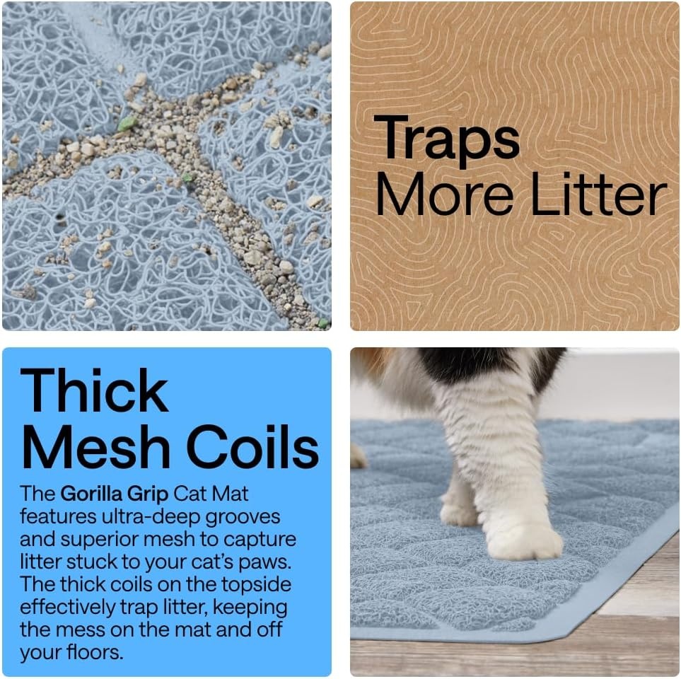 image:imageGORILLA GRIP Cat Litter Box Mat Cushioned Coil Mesh Litter Trapping Mats Scatter Control Supplies for Less Mess Phthalate Free Ultra Deep Catch Grooves Rinse or Vacuum to Clean 24x17 GrayLight Blue
