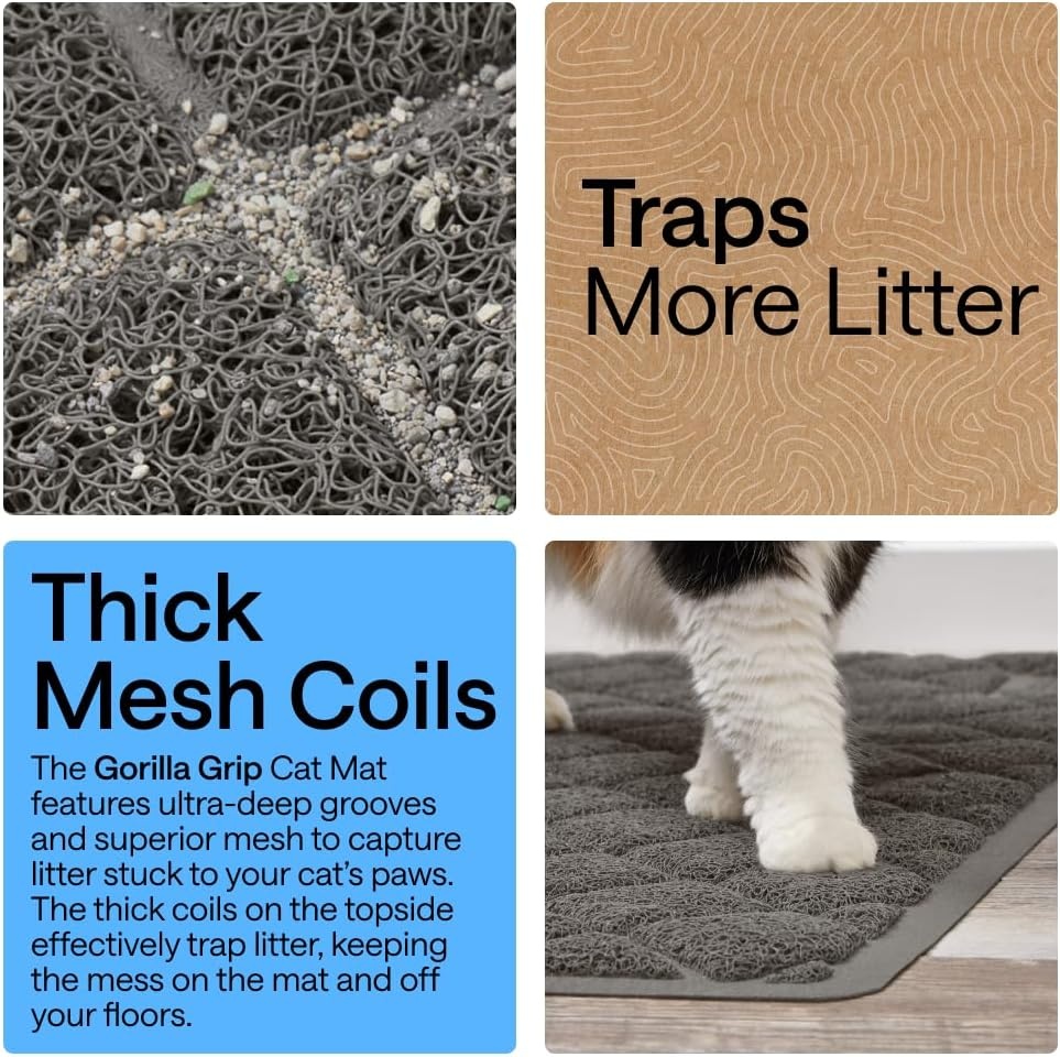 image:imageGORILLA GRIP Cat Litter Box Mat Cushioned Coil Mesh Litter Trapping Mats Scatter Control Supplies for Less Mess Phthalate Free Ultra Deep Catch Grooves Rinse or Vacuum to Clean 24x17 GrayCharcoal