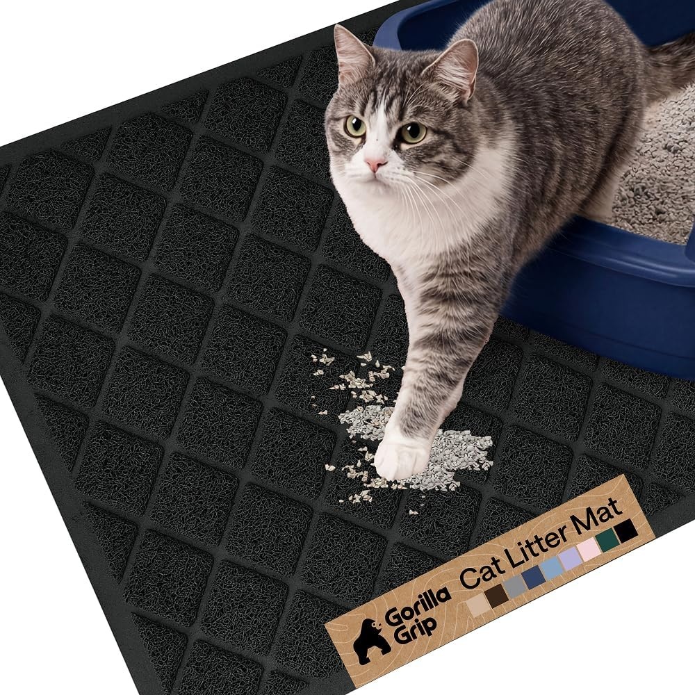image:imageGORILLA GRIP Cat Litter Box Mat Cushioned Coil Mesh Litter Trapping Mats Scatter Control Supplies for Less Mess Phthalate Free Ultra Deep Catch Grooves Rinse or Vacuum to Clean 24x17 GrayBlack