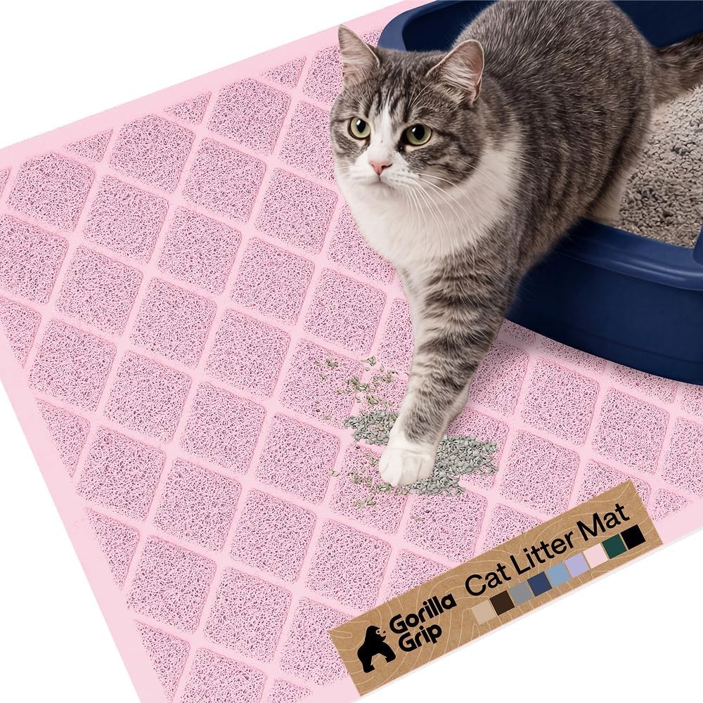 image:imageGORILLA GRIP Cat Litter Box Mat Cushioned Coil Mesh Litter Trapping Mats Scatter Control Supplies for Less Mess Phthalate Free Ultra Deep Catch Grooves Rinse or Vacuum to Clean 24x17 GrayLight Pink