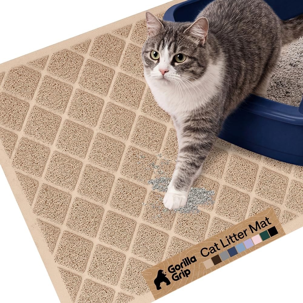 image:imageGORILLA GRIP Cat Litter Box Mat Cushioned Coil Mesh Litter Trapping Mats Scatter Control Supplies for Less Mess Phthalate Free Ultra Deep Catch Grooves Rinse or Vacuum to Clean 24x17 GrayBeige