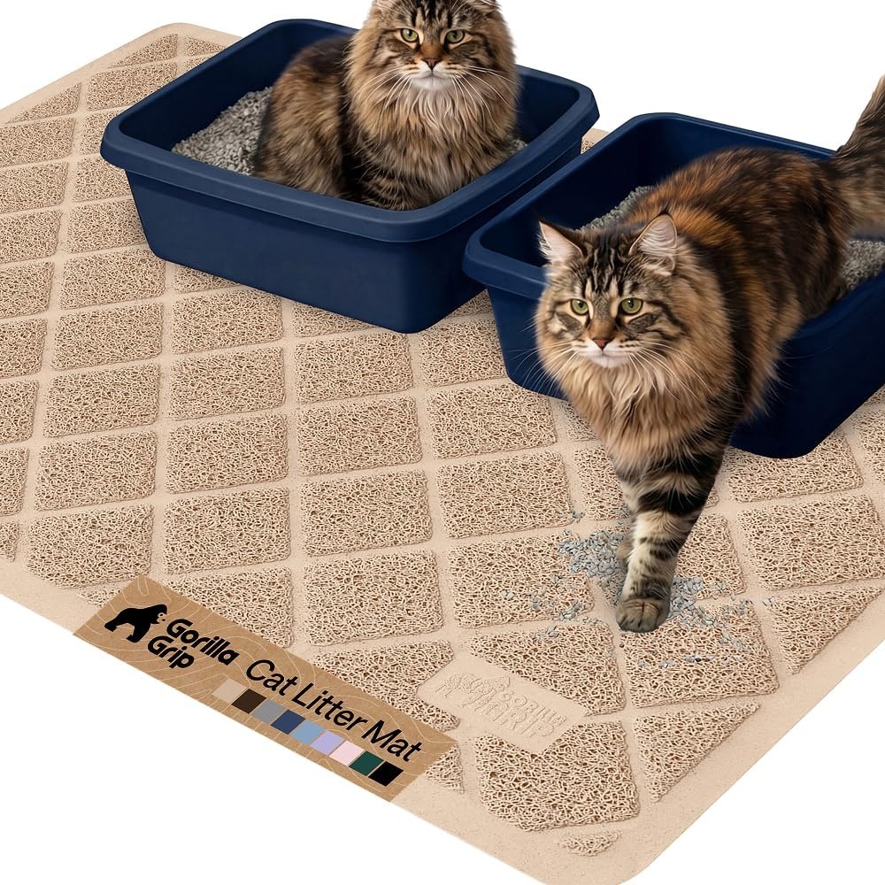 image:imageGORILLA GRIP Cat Litter Box Mat Cushioned Coil Mesh Litter Trapping Mats Scatter Control Supplies for Less Mess Phthalate Free Ultra Deep Catch Grooves Rinse or Vacuum to Clean 24x17 GrayBeige