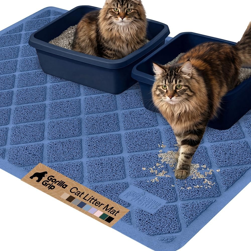image:imageGORILLA GRIP Cat Litter Box Mat Cushioned Coil Mesh Litter Trapping Mats Scatter Control Supplies for Less Mess Phthalate Free Ultra Deep Catch Grooves Rinse or Vacuum to Clean 24x17 GrayNavy