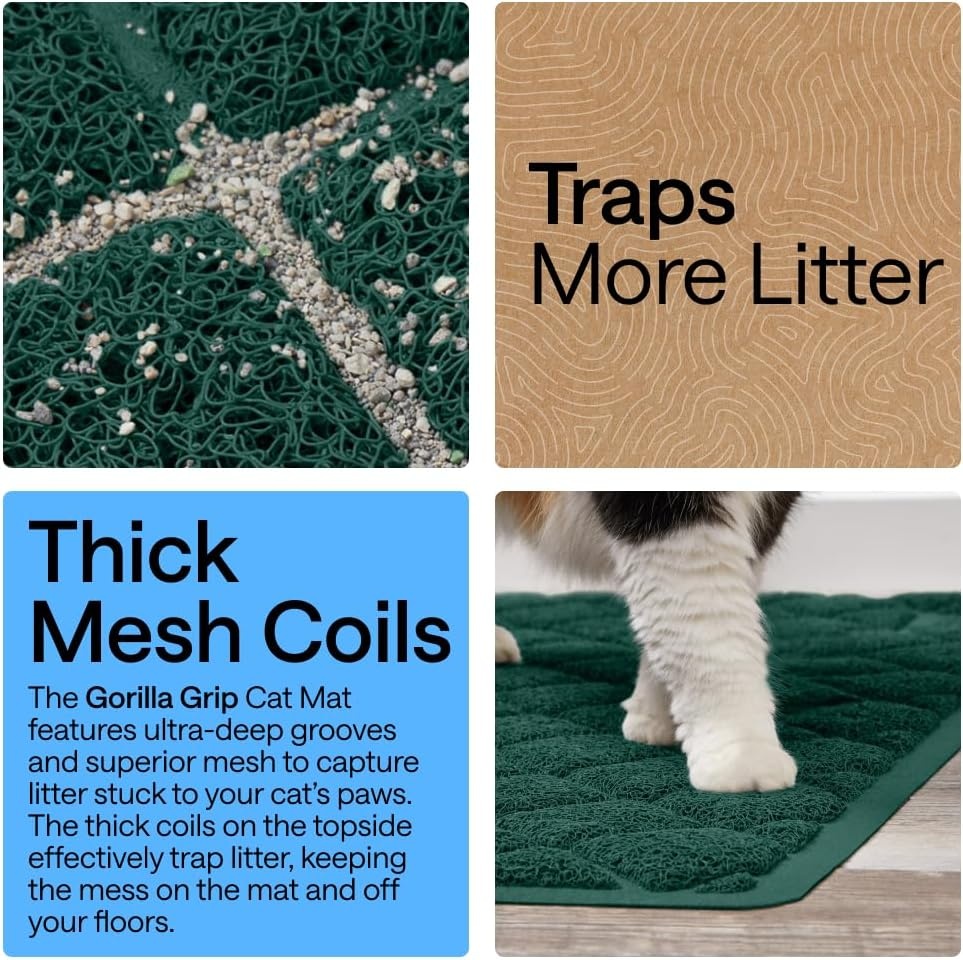 image:imageGORILLA GRIP Cat Litter Box Mat Cushioned Coil Mesh Litter Trapping Mats Scatter Control Supplies for Less Mess Phthalate Free Ultra Deep Catch Grooves Rinse or Vacuum to Clean 24x17 GrayHunter Green