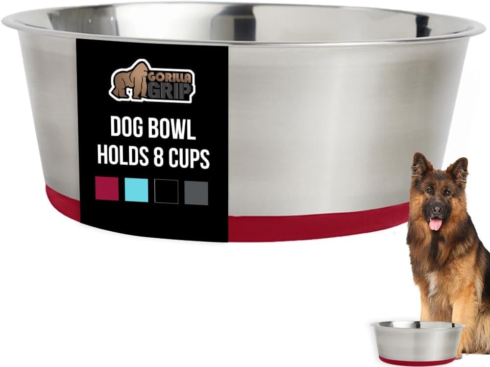 image:imageGORILLA GRIP Dog Bowl Holds 2 Cups 16 fl oz Food Grade 304 Stainless Steel Food and Water Bowl for Feeding Dogs and Cats BPA Free Rubber Base Easy Clean Dishwasher Safe Rust Resistant BlackRed