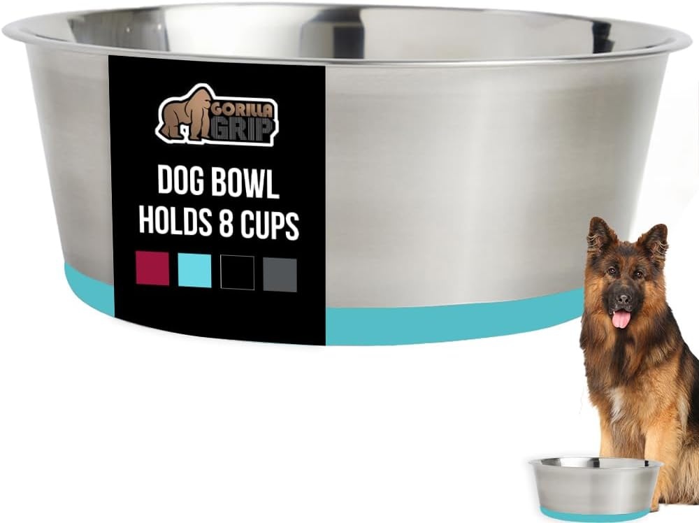 image:imageGORILLA GRIP Dog Bowl Holds 2 Cups 16 fl oz Food Grade 304 Stainless Steel Food and Water Bowl for Feeding Dogs and Cats BPA Free Rubber Base Easy Clean Dishwasher Safe Rust Resistant BlackTurquoise