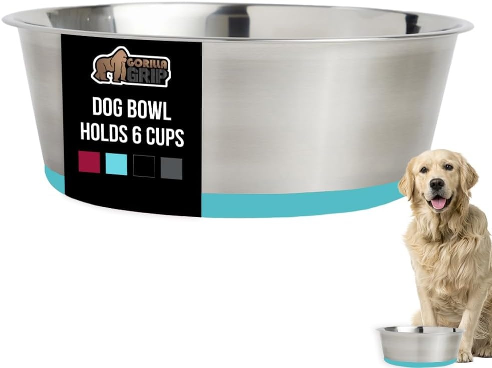image:imageGORILLA GRIP Dog Bowl Holds 2 Cups 16 fl oz Food Grade 304 Stainless Steel Food and Water Bowl for Feeding Dogs and Cats BPA Free Rubber Base Easy Clean Dishwasher Safe Rust Resistant BlackTurquoise
