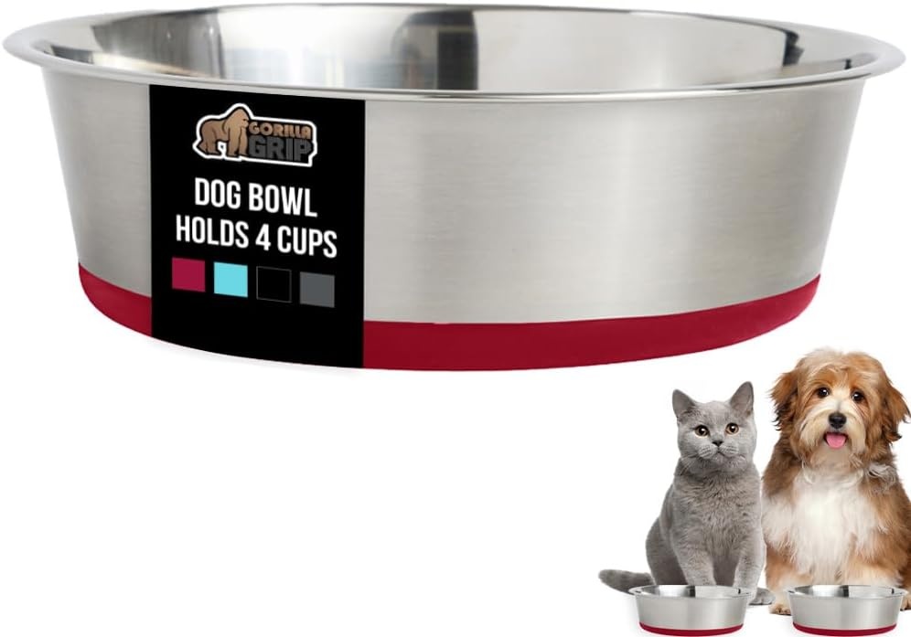 image:imageGORILLA GRIP Dog Bowl Holds 2 Cups 16 fl oz Food Grade 304 Stainless Steel Food and Water Bowl for Feeding Dogs and Cats BPA Free Rubber Base Easy Clean Dishwasher Safe Rust Resistant BlackRed
