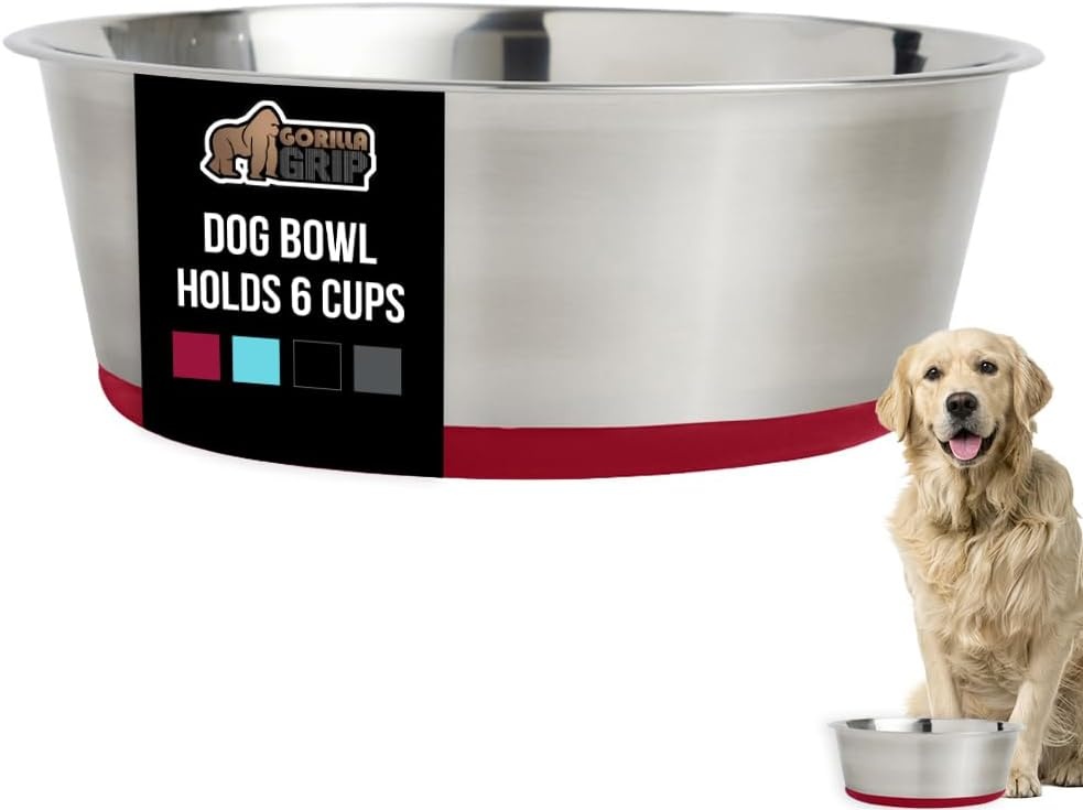 image:imageGORILLA GRIP Dog Bowl Holds 2 Cups 16 fl oz Food Grade 304 Stainless Steel Food and Water Bowl for Feeding Dogs and Cats BPA Free Rubber Base Easy Clean Dishwasher Safe Rust Resistant BlackRed