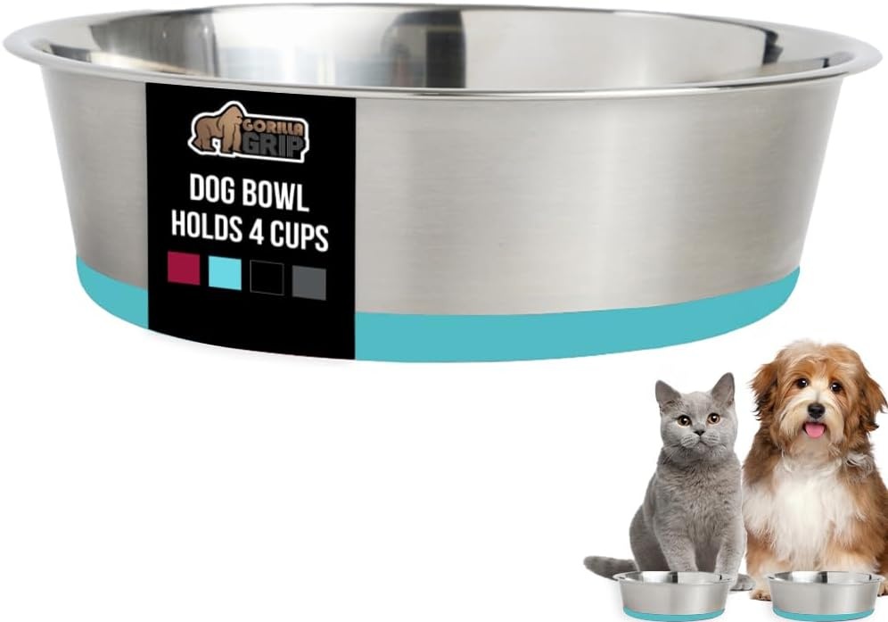 image:imageGORILLA GRIP Dog Bowl Holds 2 Cups 16 fl oz Food Grade 304 Stainless Steel Food and Water Bowl for Feeding Dogs and Cats BPA Free Rubber Base Easy Clean Dishwasher Safe Rust Resistant BlackTurquoise