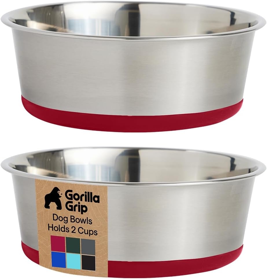 image:imageGORILLA GRIP Dog Bowls Food Grade 304 Stainless Steel Holds 2 Cups Each 16 fl oz Food and Water Bowl for Feeding Dogs and Cats Dishwasher Safe Rust Resistant BPA Free Rubber Base Set of 2 BlackRed