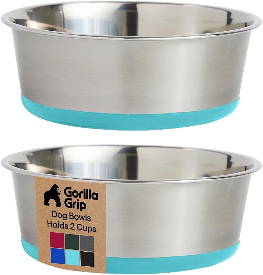 image:imageGORILLA GRIP Dog Bowls Food Grade 304 Stainless Steel Holds 2 Cups Each 16 fl oz Food and Water Bowl for Feeding Dogs and Cats Dishwasher Safe Rust Resistant BPA Free Rubber Base Set of 2 BlackTurquoise