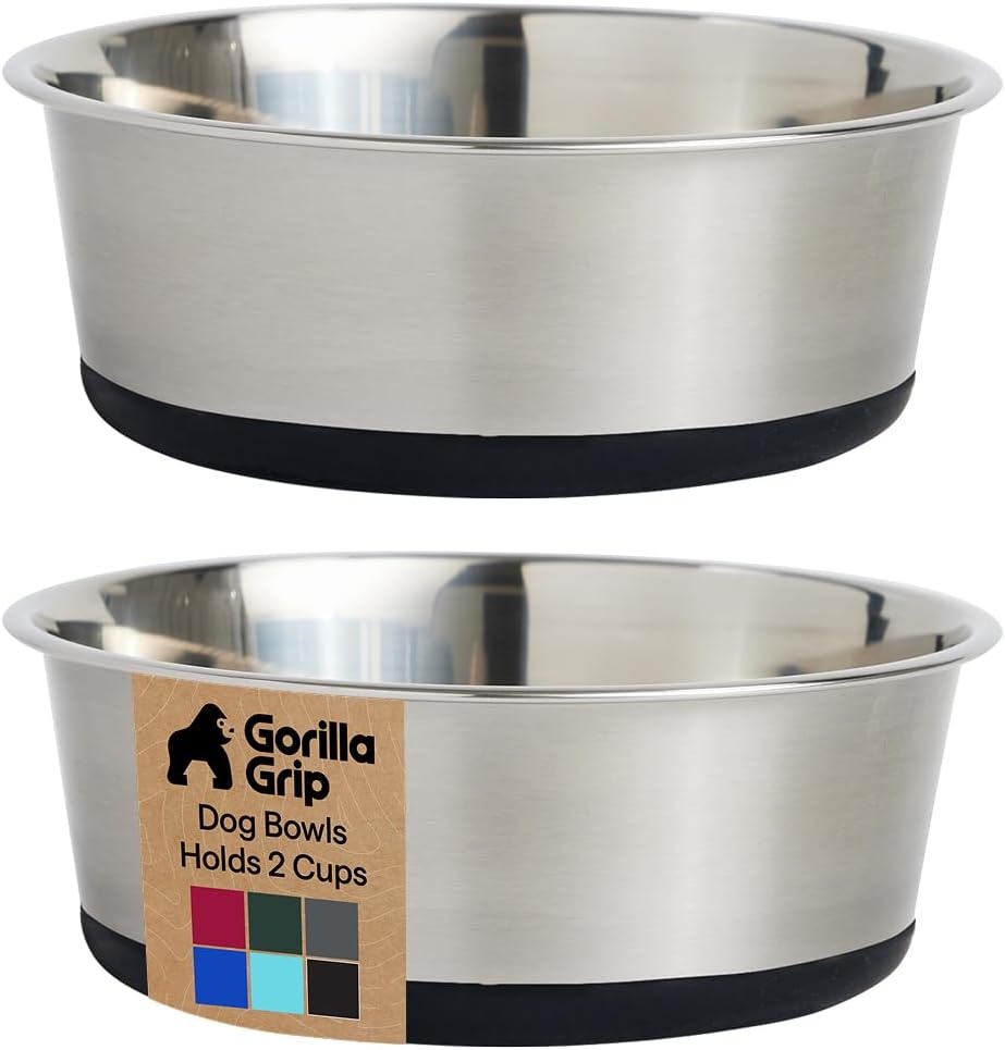 image:imageGORILLA GRIP Dog Bowls Food Grade 304 Stainless Steel Holds 2 Cups Each 16 fl oz Food and Water Bowl for Feeding Dogs and Cats Dishwasher Safe Rust Resistant BPA Free Rubber Base Set of 2 BlackBlack