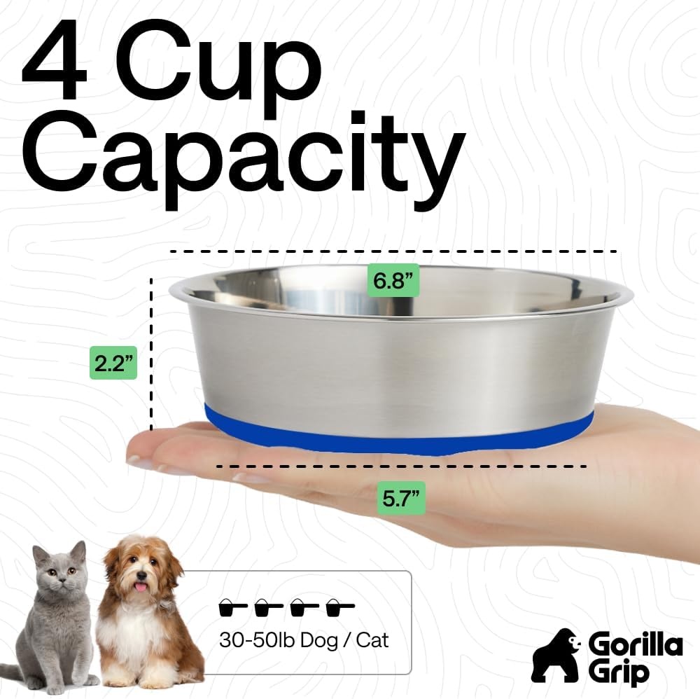 image:imageGORILLA GRIP Dog Bowls Food Grade 304 Stainless Steel Holds 2 Cups Each 16 fl oz Food and Water Bowl for Feeding Dogs and Cats Dishwasher Safe Rust Resistant BPA Free Rubber Base Set of 2 BlackRoyal Blue