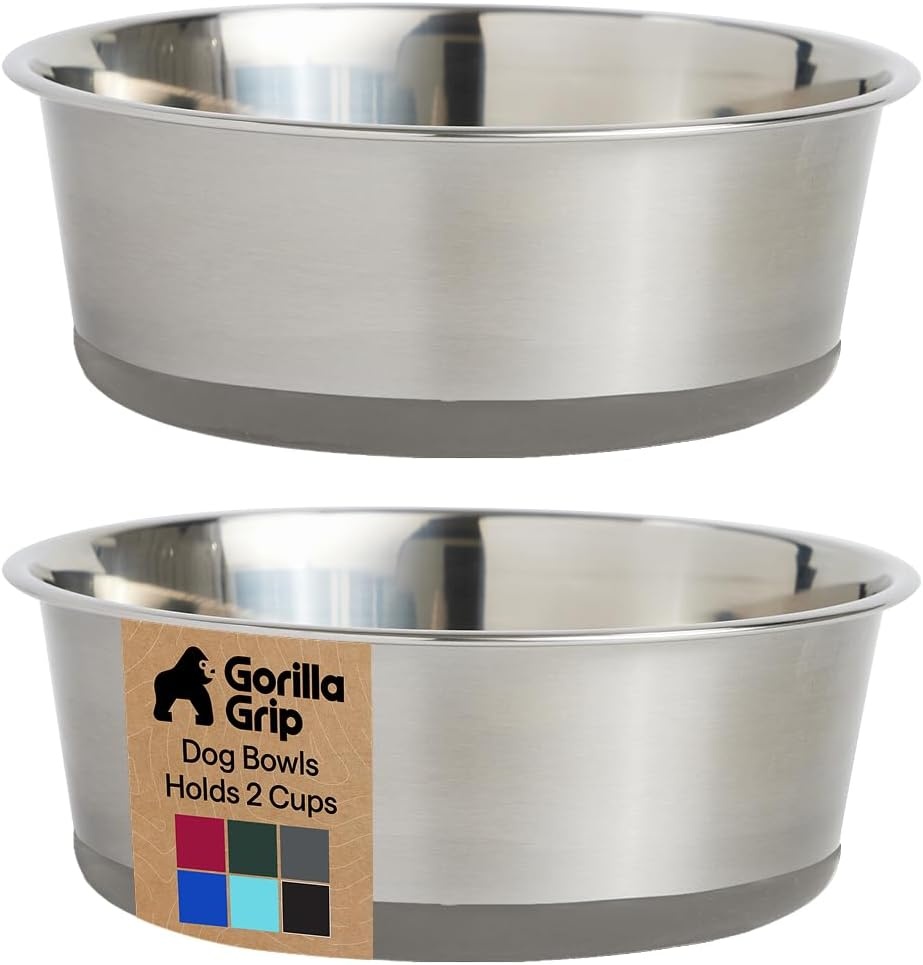 image:imageGORILLA GRIP Dog Bowls Food Grade 304 Stainless Steel Holds 2 Cups Each 16 fl oz Food and Water Bowl for Feeding Dogs and Cats Dishwasher Safe Rust Resistant BPA Free Rubber Base Set of 2 BlackGray
