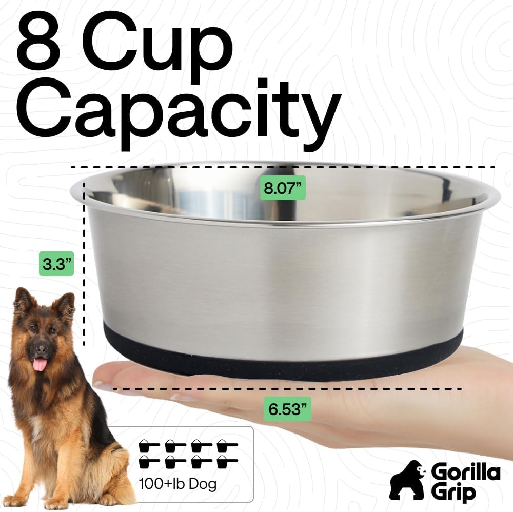 image:imageGORILLA GRIP Dog Bowls Food Grade 304 Stainless Steel Holds 2 Cups Each 16 fl oz Food and Water Bowl for Feeding Dogs and Cats Dishwasher Safe Rust Resistant BPA Free Rubber Base Set of 2 BlackBlack