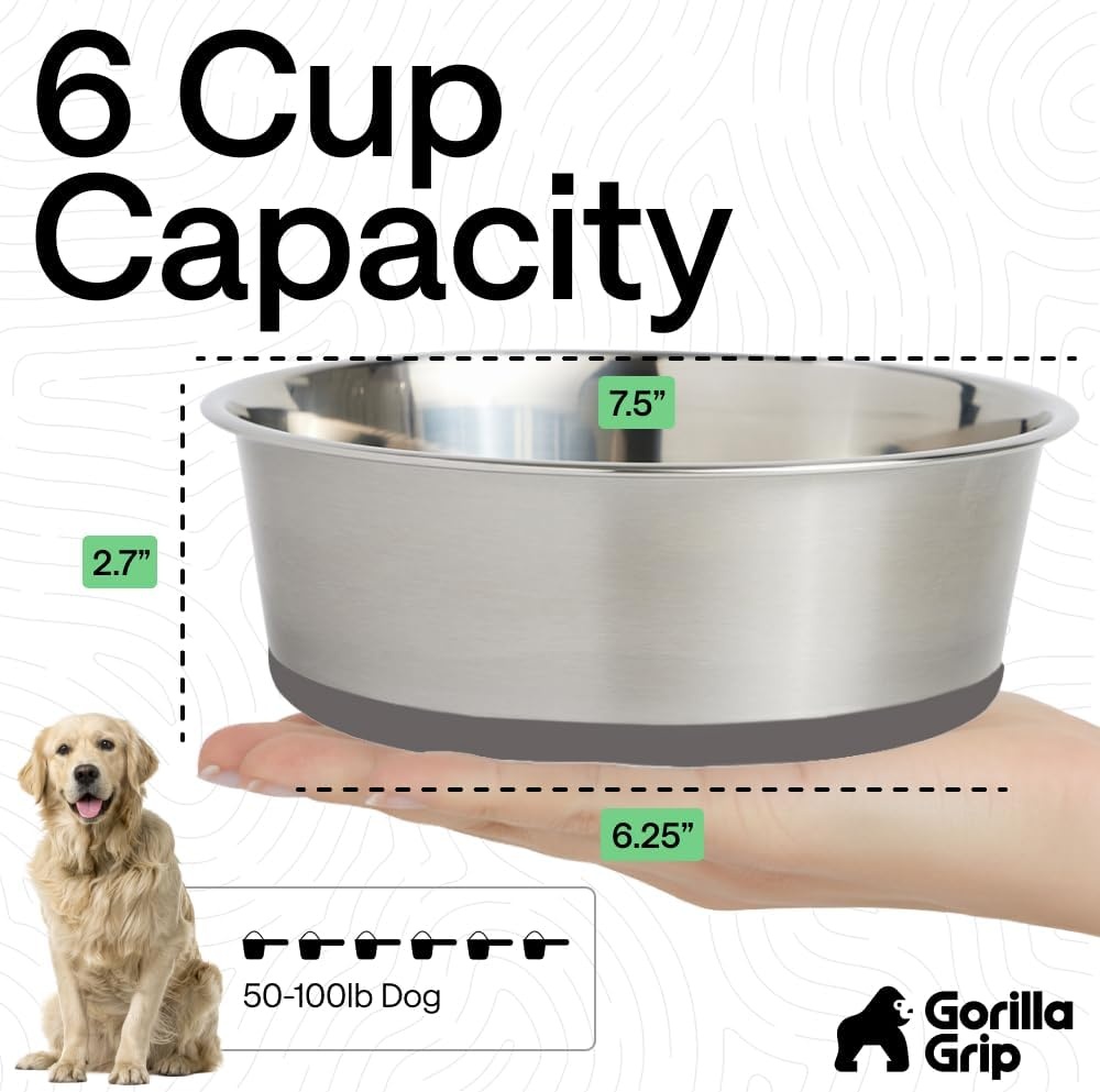 image:imageGORILLA GRIP Dog Bowls Food Grade 304 Stainless Steel Holds 2 Cups Each 16 fl oz Food and Water Bowl for Feeding Dogs and Cats Dishwasher Safe Rust Resistant BPA Free Rubber Base Set of 2 BlackGray