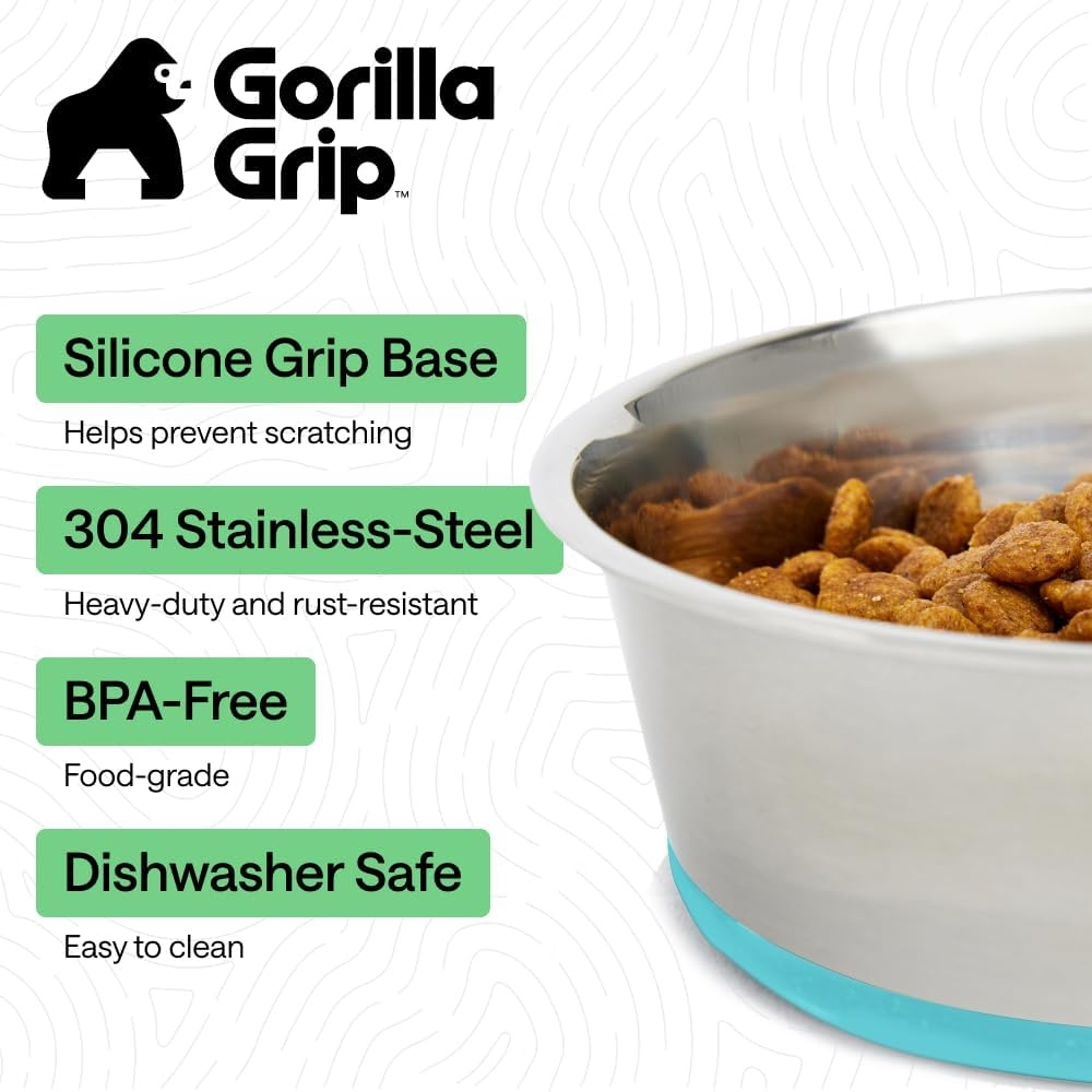 image:imageGORILLA GRIP Dog Bowls Food Grade 304 Stainless Steel Holds 2 Cups Each 16 fl oz Food and Water Bowl for Feeding Dogs and Cats Dishwasher Safe Rust Resistant BPA Free Rubber Base Set of 2 BlackTurquoise