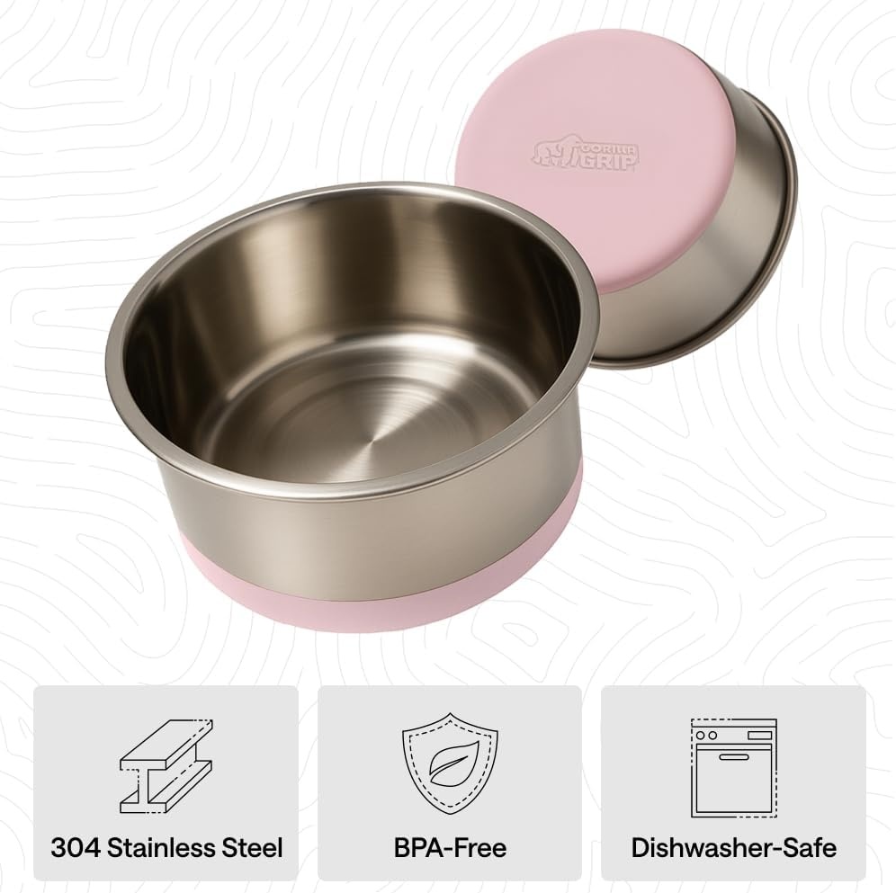 image:imageGORILLA GRIP Dog Bowls Food Grade 304 Stainless Steel Holds 2 Cups Each 16 fl oz Food and Water Bowl for Feeding Dogs and Cats Dishwasher Safe Rust Resistant BPA Free Rubber Base Set of 2 BlackLight Pink