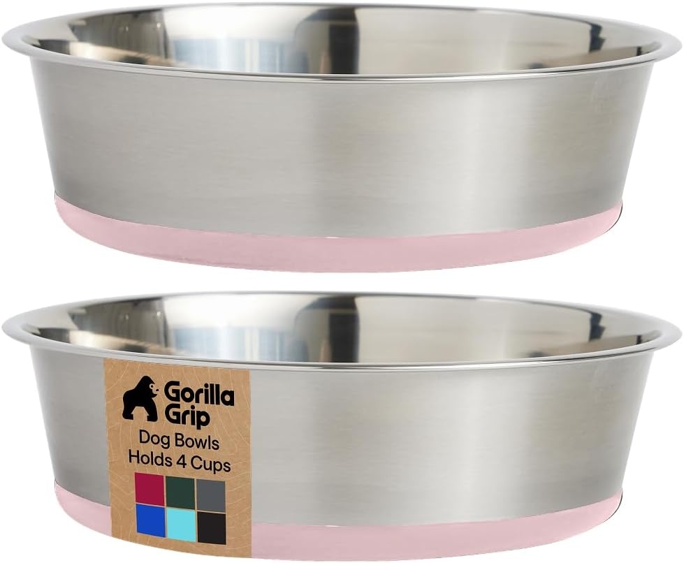 image:imageGORILLA GRIP Dog Bowls Food Grade 304 Stainless Steel Holds 2 Cups Each 16 fl oz Food and Water Bowl for Feeding Dogs and Cats Dishwasher Safe Rust Resistant BPA Free Rubber Base Set of 2 BlackLight Pink