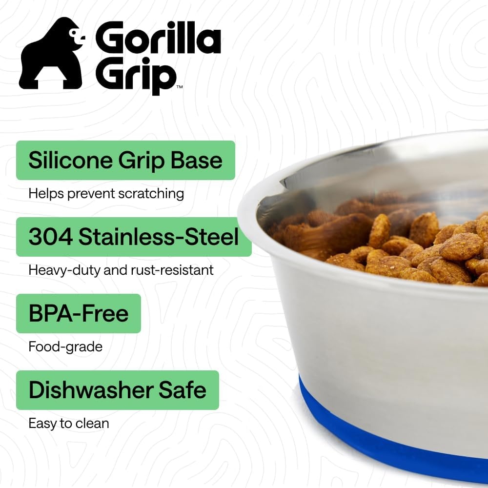 image:imageGORILLA GRIP Dog Bowls Food Grade 304 Stainless Steel Holds 2 Cups Each 16 fl oz Food and Water Bowl for Feeding Dogs and Cats Dishwasher Safe Rust Resistant BPA Free Rubber Base Set of 2 BlackRoyal Blue