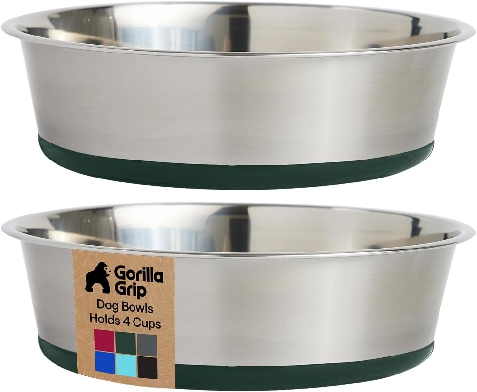image:imageGORILLA GRIP Dog Bowls Food Grade 304 Stainless Steel Holds 2 Cups Each 16 fl oz Food and Water Bowl for Feeding Dogs and Cats Dishwasher Safe Rust Resistant BPA Free Rubber Base Set of 2 BlackHunter Green