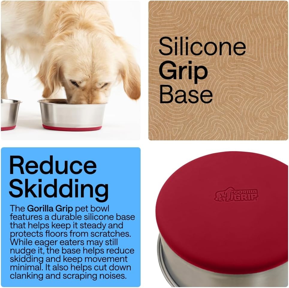 image:imageGORILLA GRIP Dog Bowls Food Grade 304 Stainless Steel Holds 2 Cups Each 16 fl oz Food and Water Bowl for Feeding Dogs and Cats Dishwasher Safe Rust Resistant BPA Free Rubber Base Set of 2 BlackRed