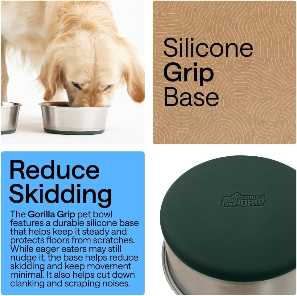 image:imageGORILLA GRIP Dog Bowls Food Grade 304 Stainless Steel Holds 2 Cups Each 16 fl oz Food and Water Bowl for Feeding Dogs and Cats Dishwasher Safe Rust Resistant BPA Free Rubber Base Set of 2 BlackHunter Green
