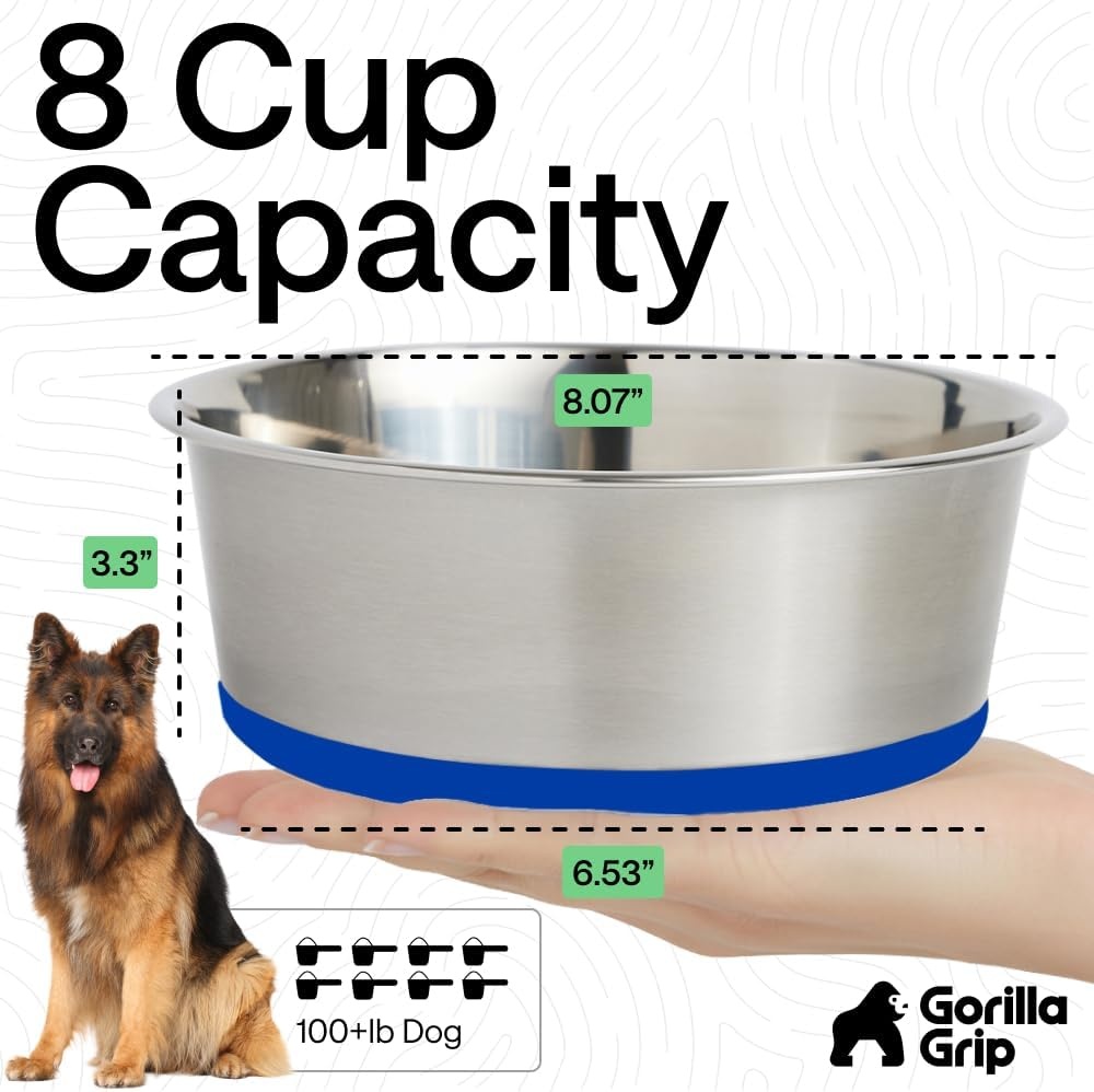 image:imageGORILLA GRIP Dog Bowls Food Grade 304 Stainless Steel Holds 2 Cups Each 16 fl oz Food and Water Bowl for Feeding Dogs and Cats Dishwasher Safe Rust Resistant BPA Free Rubber Base Set of 2 BlackRoyal Blue