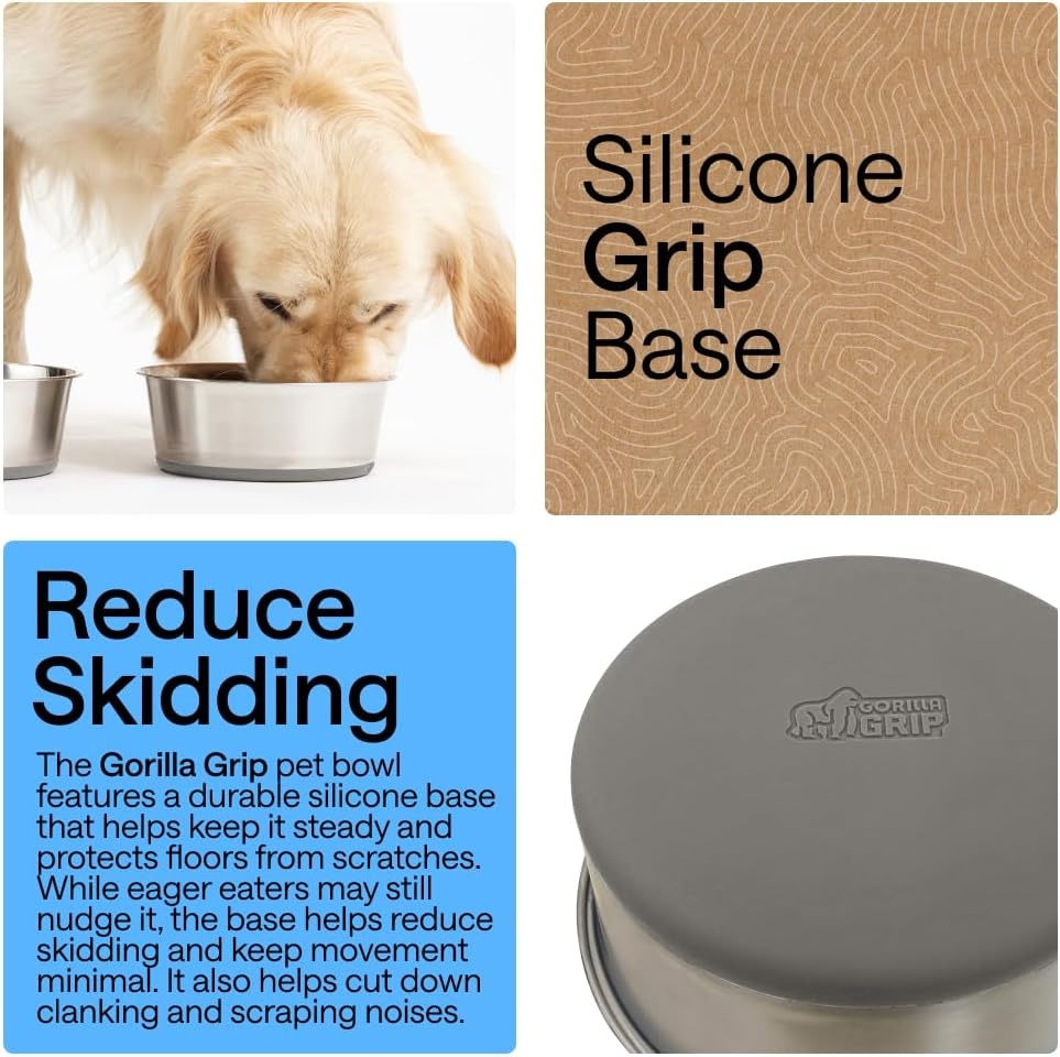 image:imageGORILLA GRIP Dog Bowls Food Grade 304 Stainless Steel Holds 2 Cups Each 16 fl oz Food and Water Bowl for Feeding Dogs and Cats Dishwasher Safe Rust Resistant BPA Free Rubber Base Set of 2 BlackGray