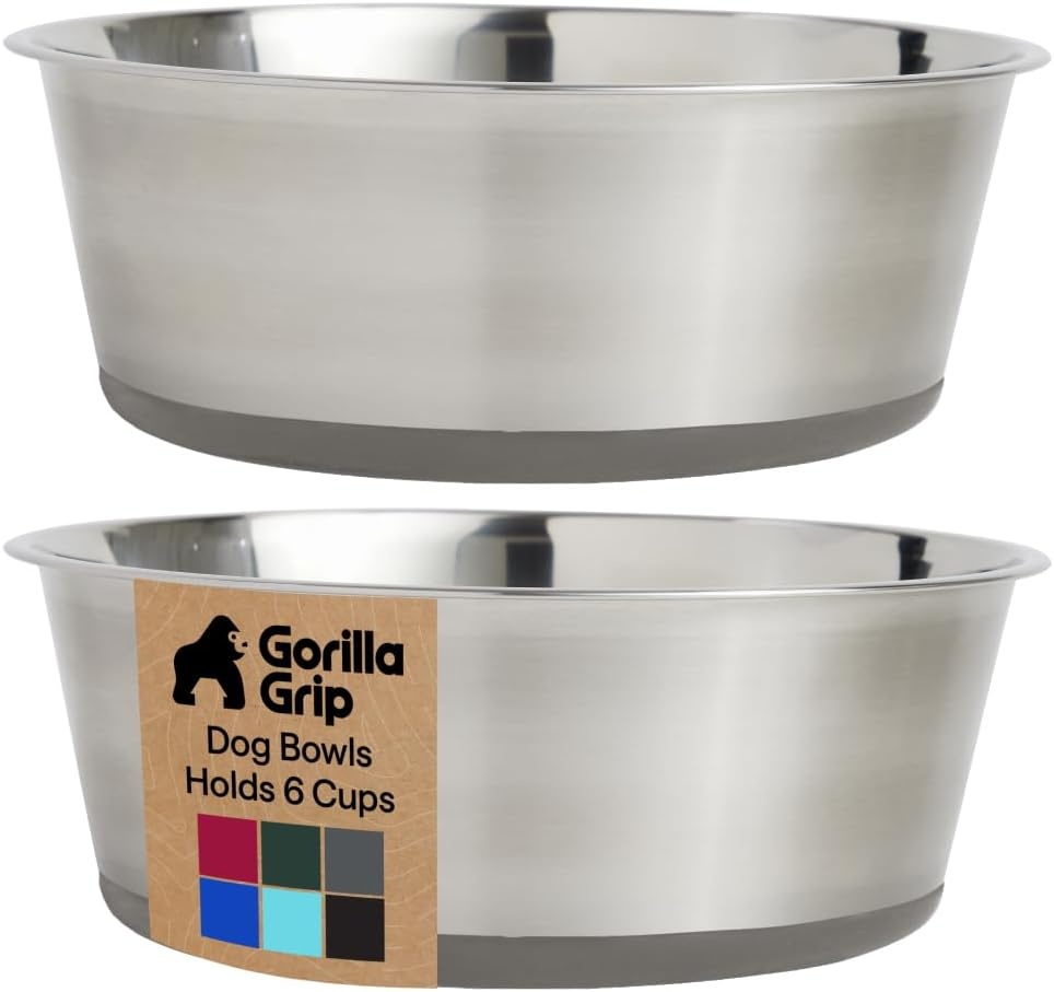 image:imageGORILLA GRIP Dog Bowls Food Grade 304 Stainless Steel Holds 2 Cups Each 16 fl oz Food and Water Bowl for Feeding Dogs and Cats Dishwasher Safe Rust Resistant BPA Free Rubber Base Set of 2 BlackGray