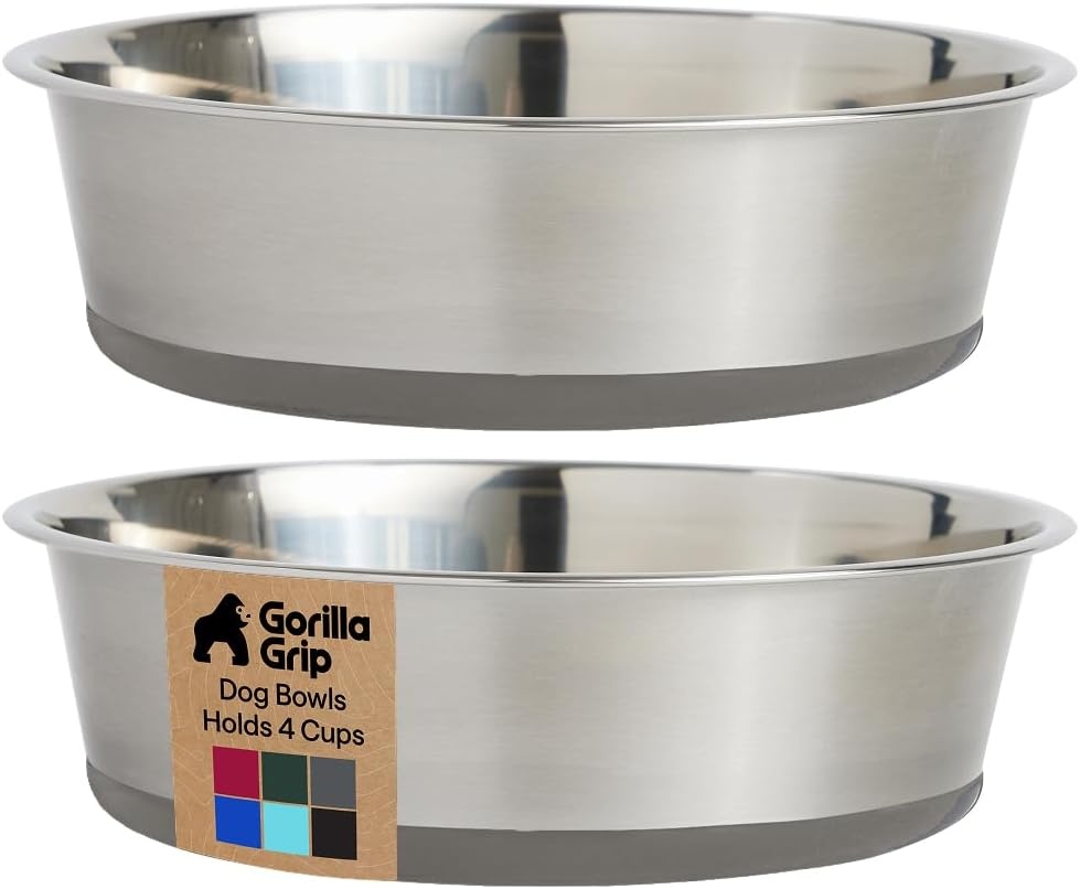 image:imageGORILLA GRIP Dog Bowls Food Grade 304 Stainless Steel Holds 2 Cups Each 16 fl oz Food and Water Bowl for Feeding Dogs and Cats Dishwasher Safe Rust Resistant BPA Free Rubber Base Set of 2 BlackGray