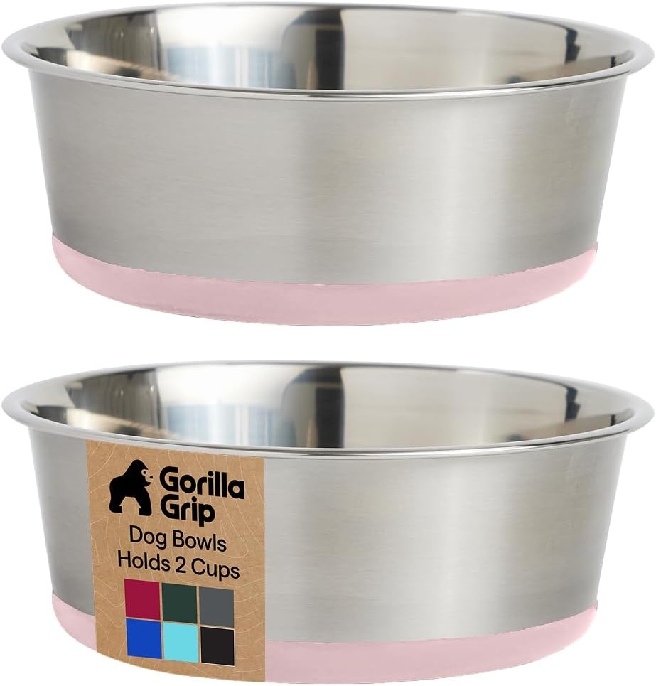 image:imageGORILLA GRIP Dog Bowls Food Grade 304 Stainless Steel Holds 2 Cups Each 16 fl oz Food and Water Bowl for Feeding Dogs and Cats Dishwasher Safe Rust Resistant BPA Free Rubber Base Set of 2 BlackLight Pink